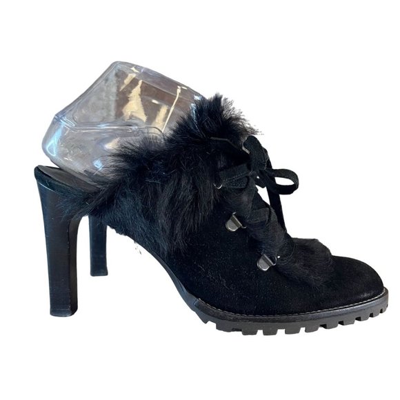 Coach 9618 Kristy Suede Heeled Mule Fur Trim Boots Lace Up Women's Black Size 9 - Picture 1 of 9